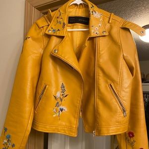Mustard moto jacket with floral design